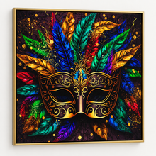 Venetian Masquerade Mask Canvas Wall Art | Colourful Feathers Gold Carnival Print