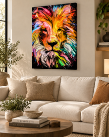 Colorful Lion Canvas Wall Art | Abstract Multicolor Lion Head Print | Gallery Wrap | 47"x35"