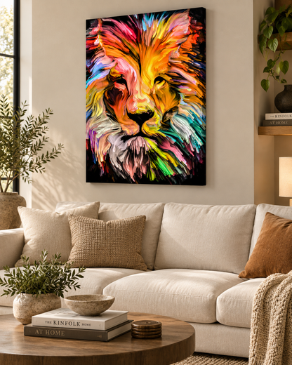 Colorful Lion Canvas Wall Art | Abstract Multicolor Lion Head Print | Gallery Wrap | 47"x35"