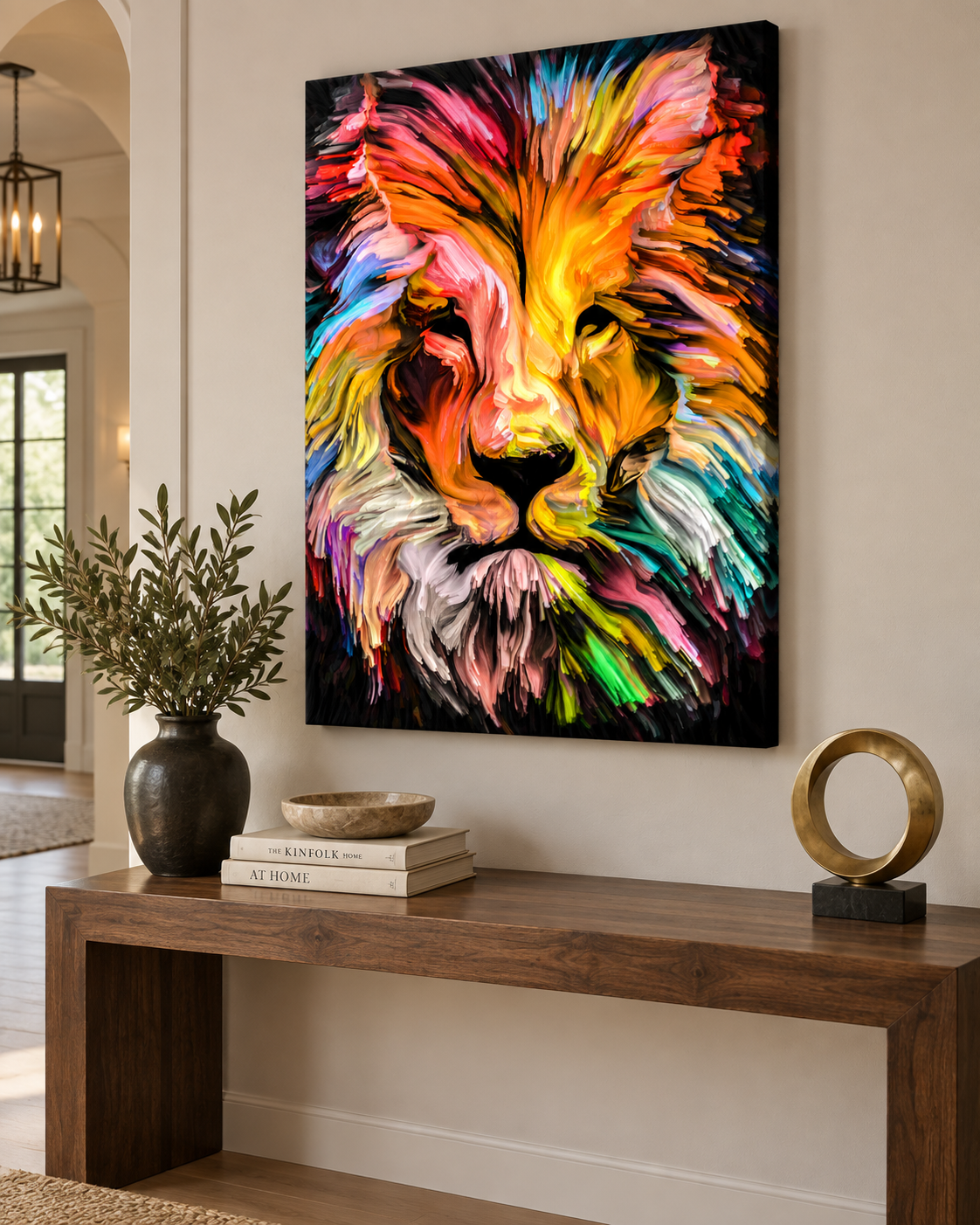 Colorful Lion Canvas Wall Art | Abstract Multicolor Lion Head Print | Gallery Wrap | 47"x35"