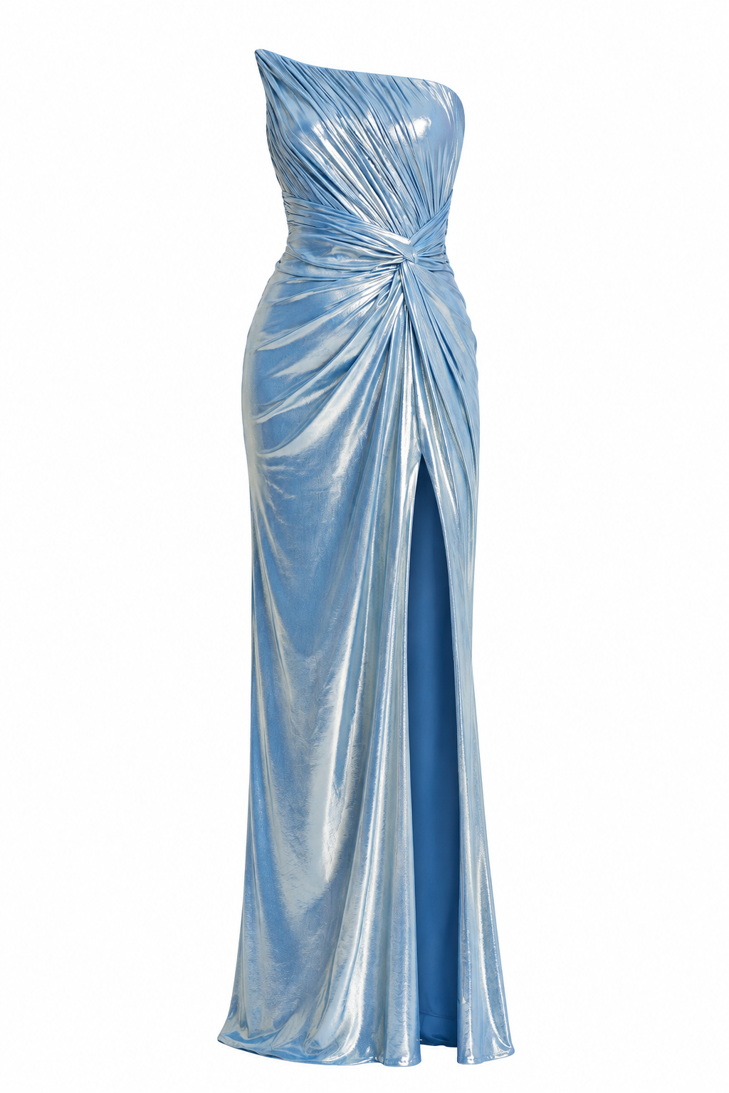 Robe longue asymétrique drapée fendue en tissu métallisé – Bleu glacier