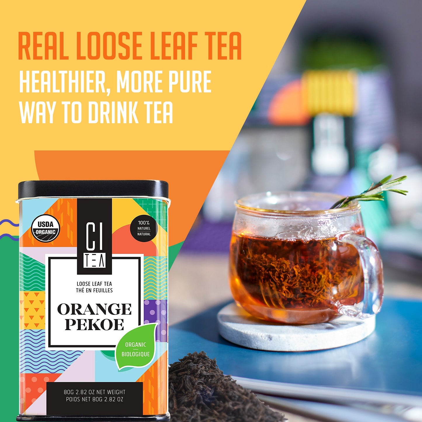 Thé noir en vrac Orange Pekoe biologique avec infuseur à thé – 80 g
