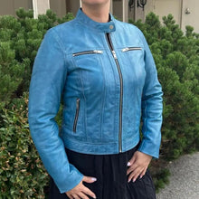 Blouson classique en cuir d'agneau pour femme avec col à bouton-pression
