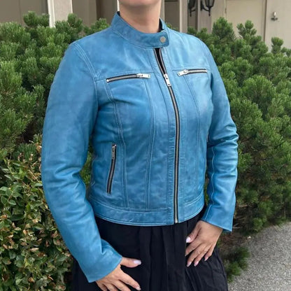Blouson classique en cuir d'agneau pour femme avec col à bouton-pression