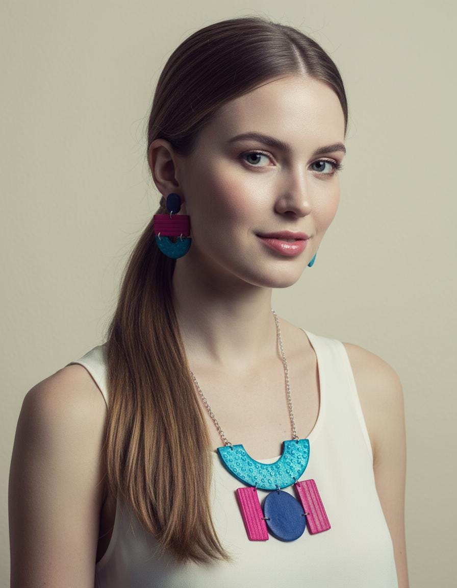 Gros collier plastron en turquoise, bleu jean et rose