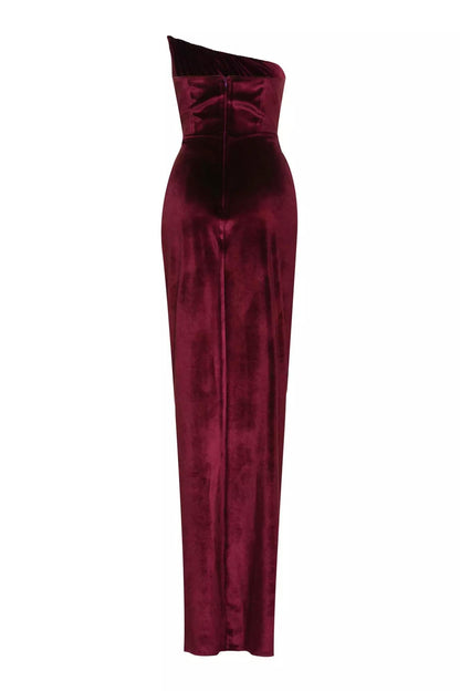 Robe longue cache-cœur bustier en velours fendue - Bordeaux