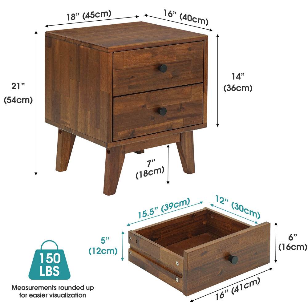 Table de chevet en bois massif Silvia à 2 tiroirs