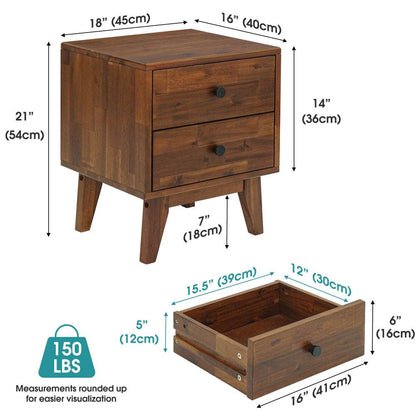 Table de chevet en bois massif Silvia à 2 tiroirs