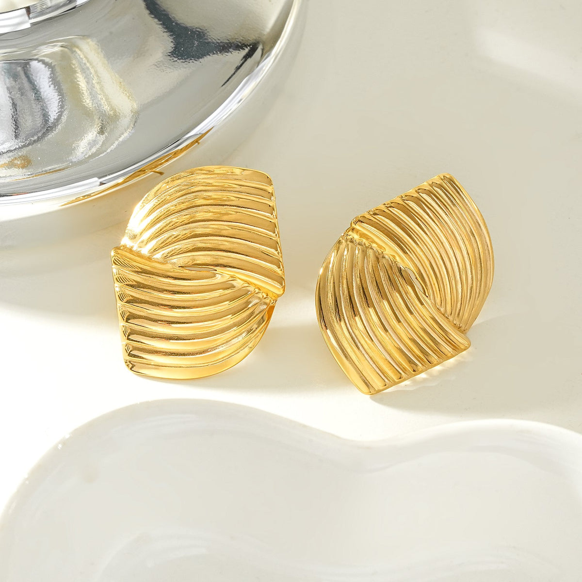 CEZAR Gold: Art Deco Textured Geometric Stud Earrings