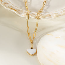 HEART WHITE Gold: Paper Clip Chain Anchoring an Enameled White Heart Charm