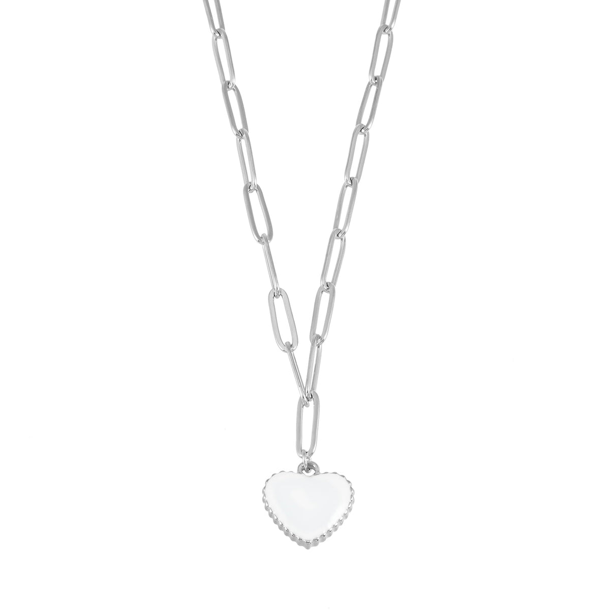 HEART WHITE Silver (White Gold): Paper Clip Chain Anchoring an Enameled White Heart Charm