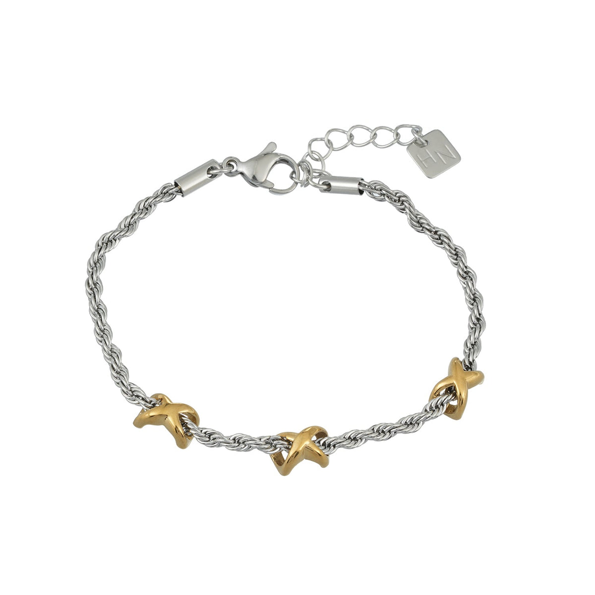 DRAGOSA Mixed Metals: Silver Rope Chain Bracelet with Triple Mini Gold Criss-Cross Charms