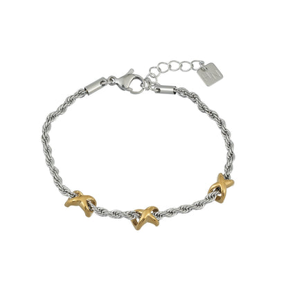 DRAGOSA Mixed Metals: Silver Rope Chain Bracelet with Triple Mini Gold Criss-Cross Charms