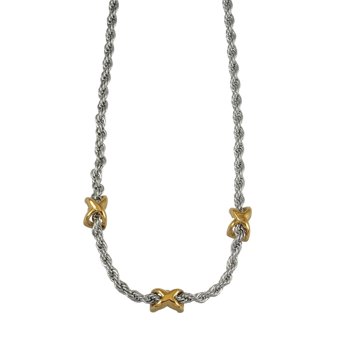 COSMINA Mixed Metals: Silver Rope Chain Necklace with Triple Mini Gold Criss-Cross Charms