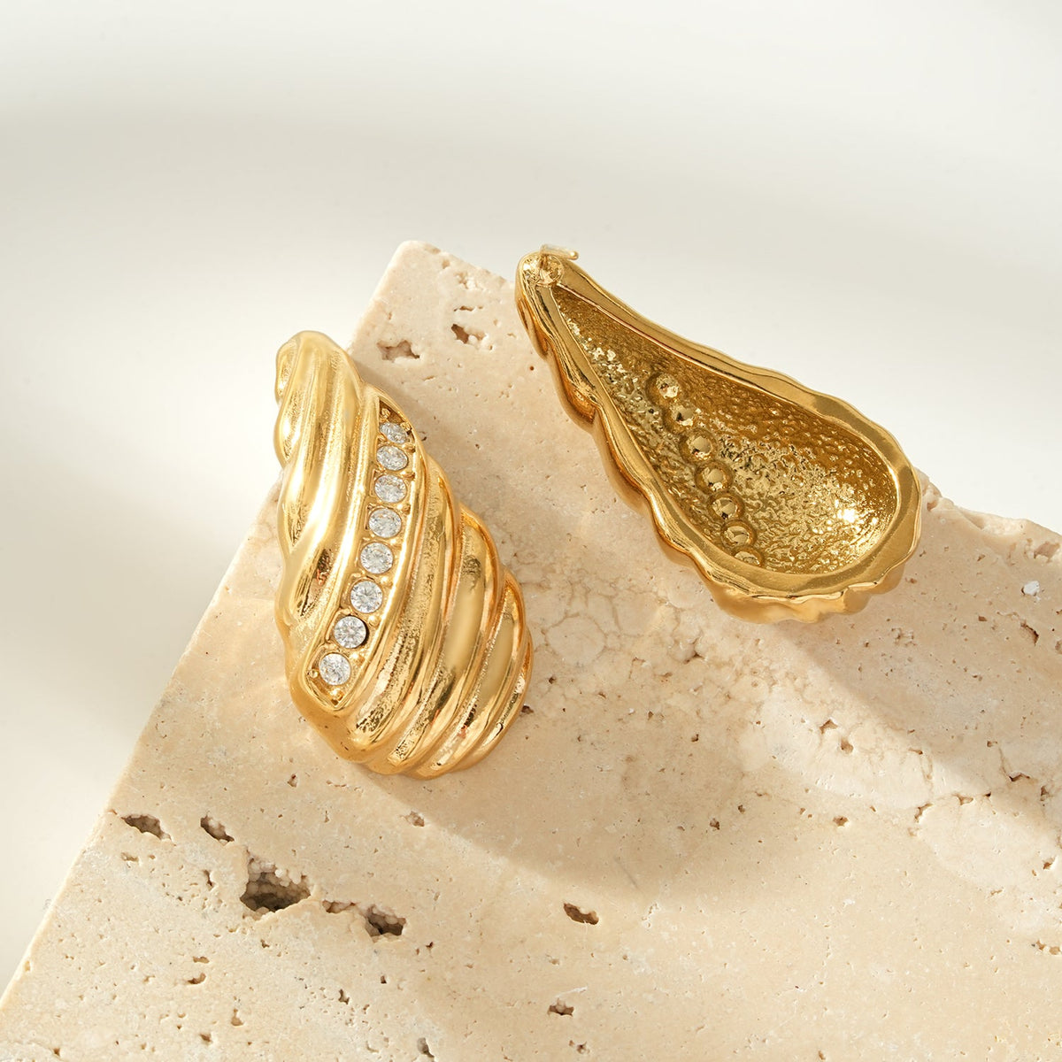 CAASHA Gold: Teardrop Statement Stud Earrings with Textured Lines & Pavé Zirconia Center