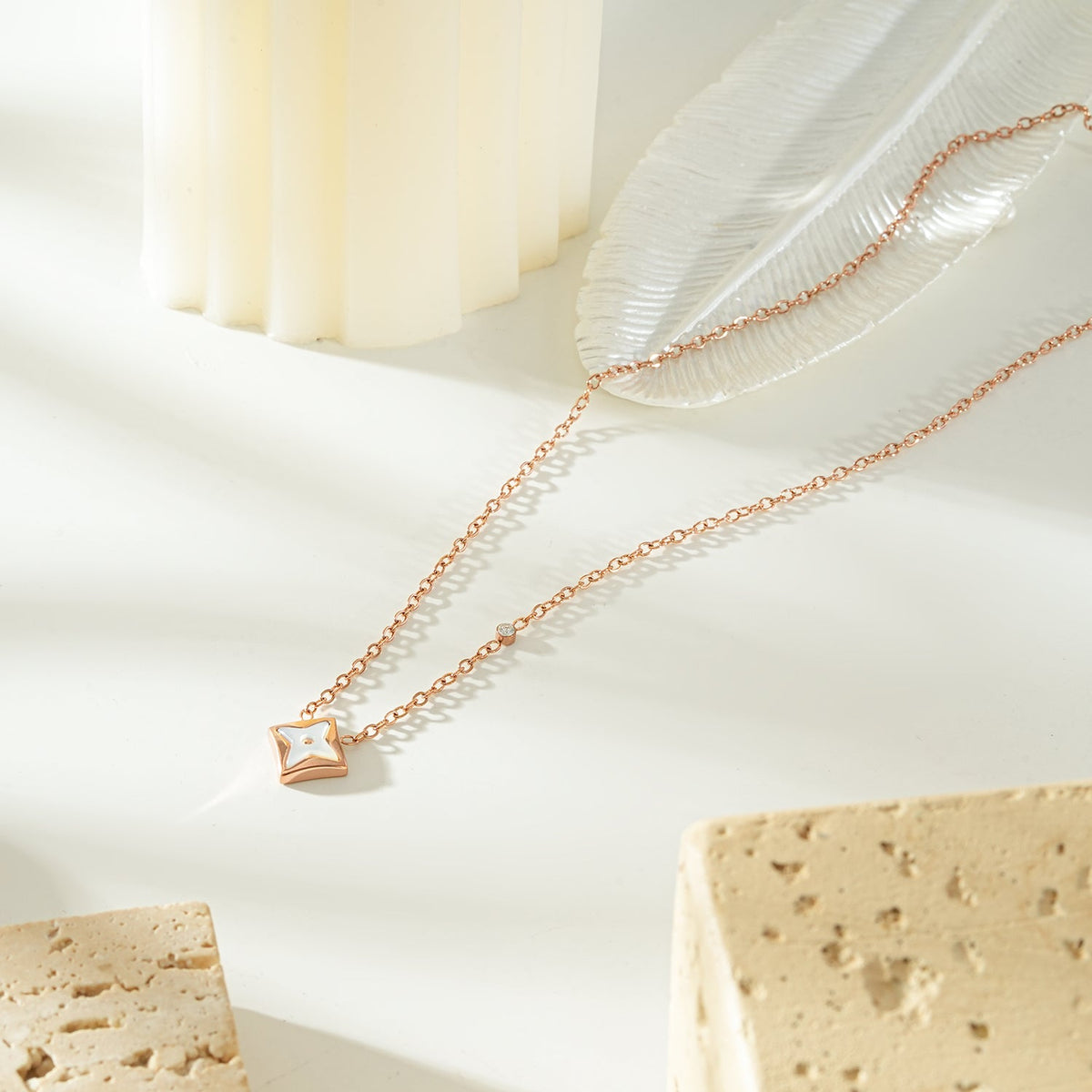 LAVINIA Gold: Square Gold Pendant Necklace with Cut-Away Shell Star and Mini Zirconia Charm