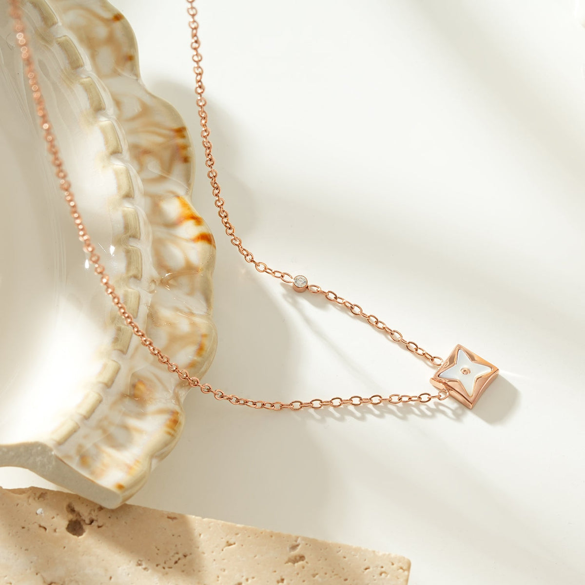 LAVINIA Gold: Square Gold Pendant Necklace with Cut-Away Shell Star and Mini Zirconia Charm