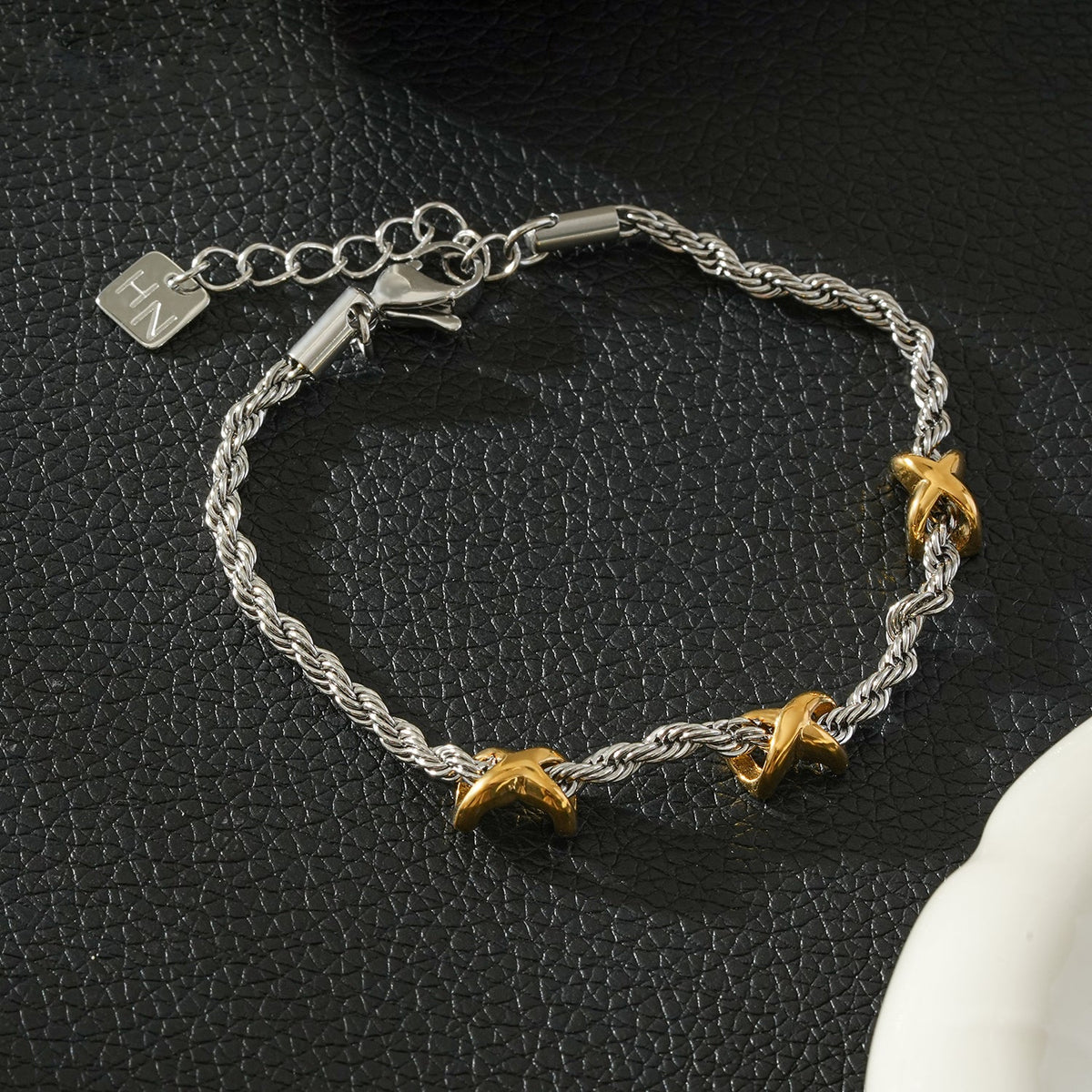 DRAGOSA Mixed Metals: Silver Rope Chain Bracelet with Triple Mini Gold Criss-Cross Charms