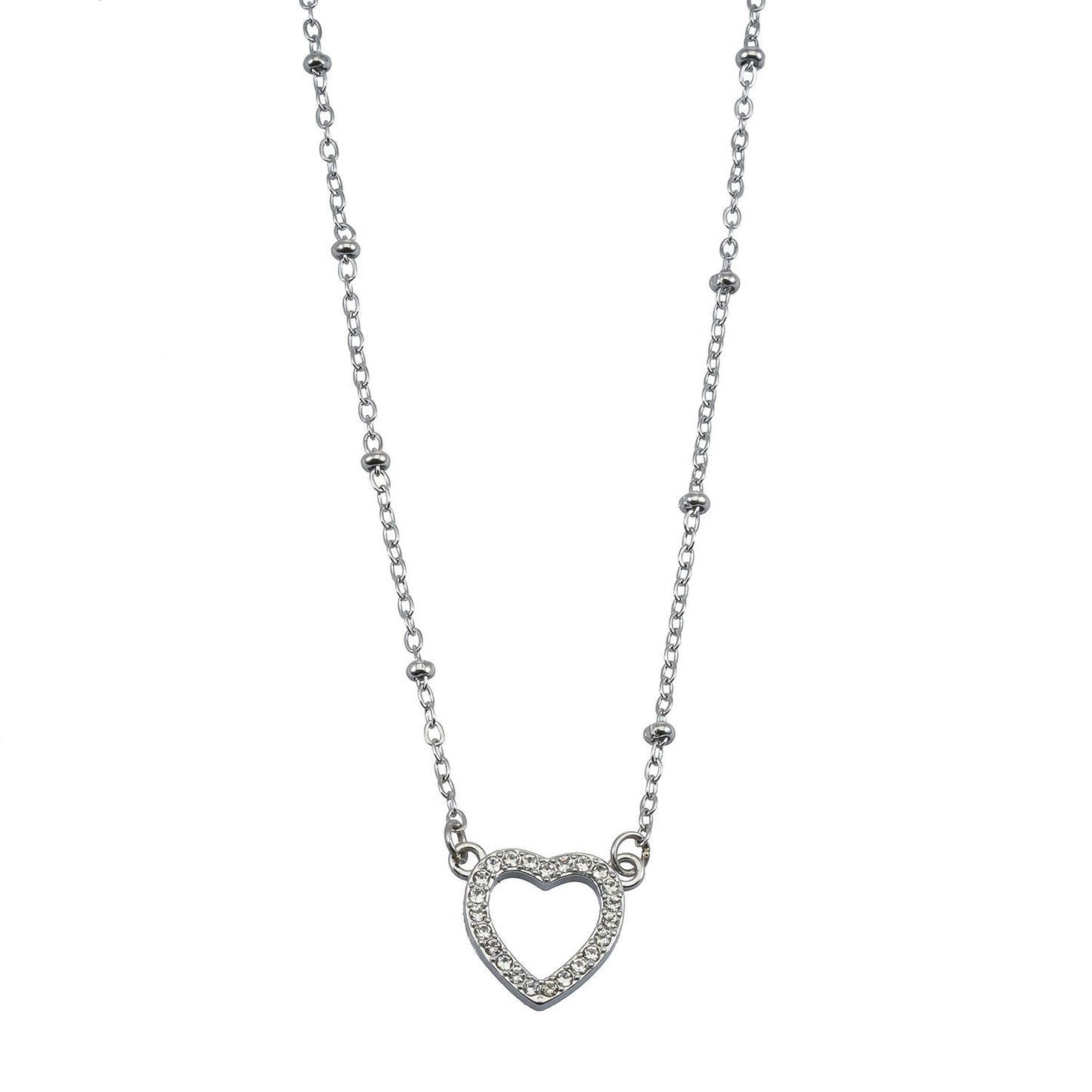 CHERISH Argent (Or blanc) : Chaîne perlée retenant un élégant pendentif cœur pavé