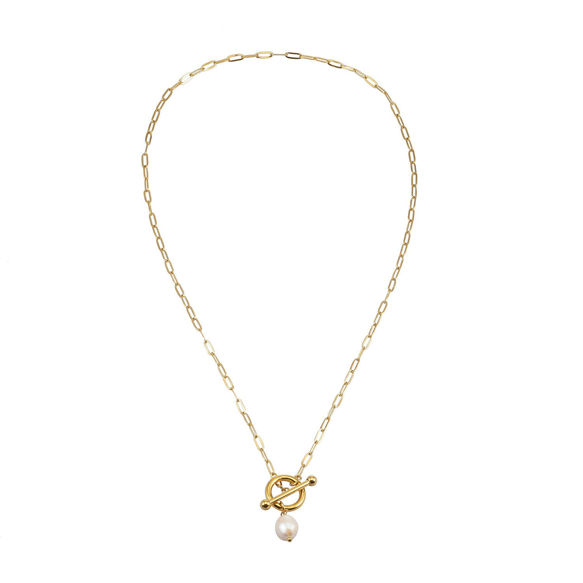 D'ANGELA Gold:  Paperclip Chain Necklace with Toggle Fastener & Pearl Charm