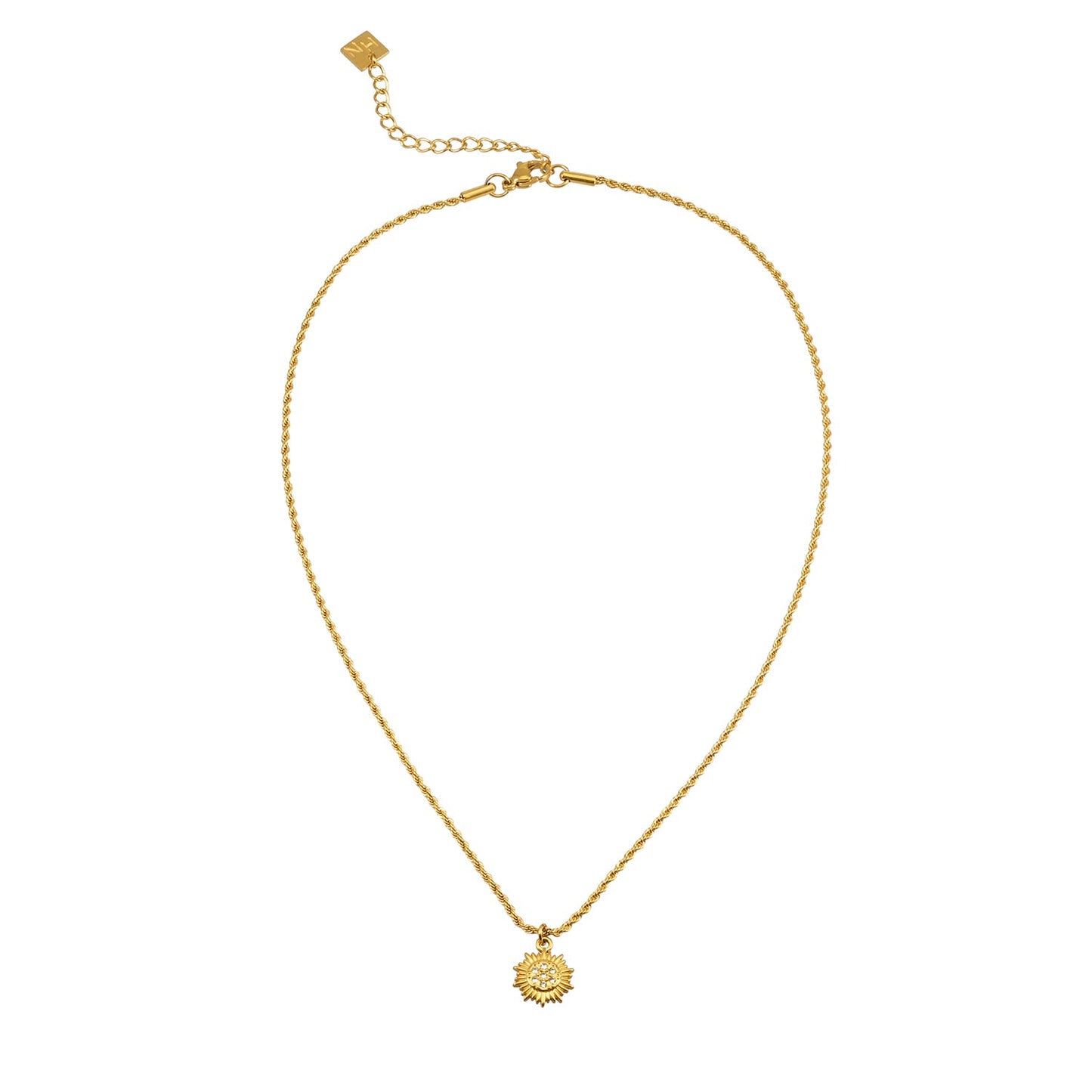 ISA Gold : Collier chaîne en corde avec pendentif soleil radiant en zircone pavé