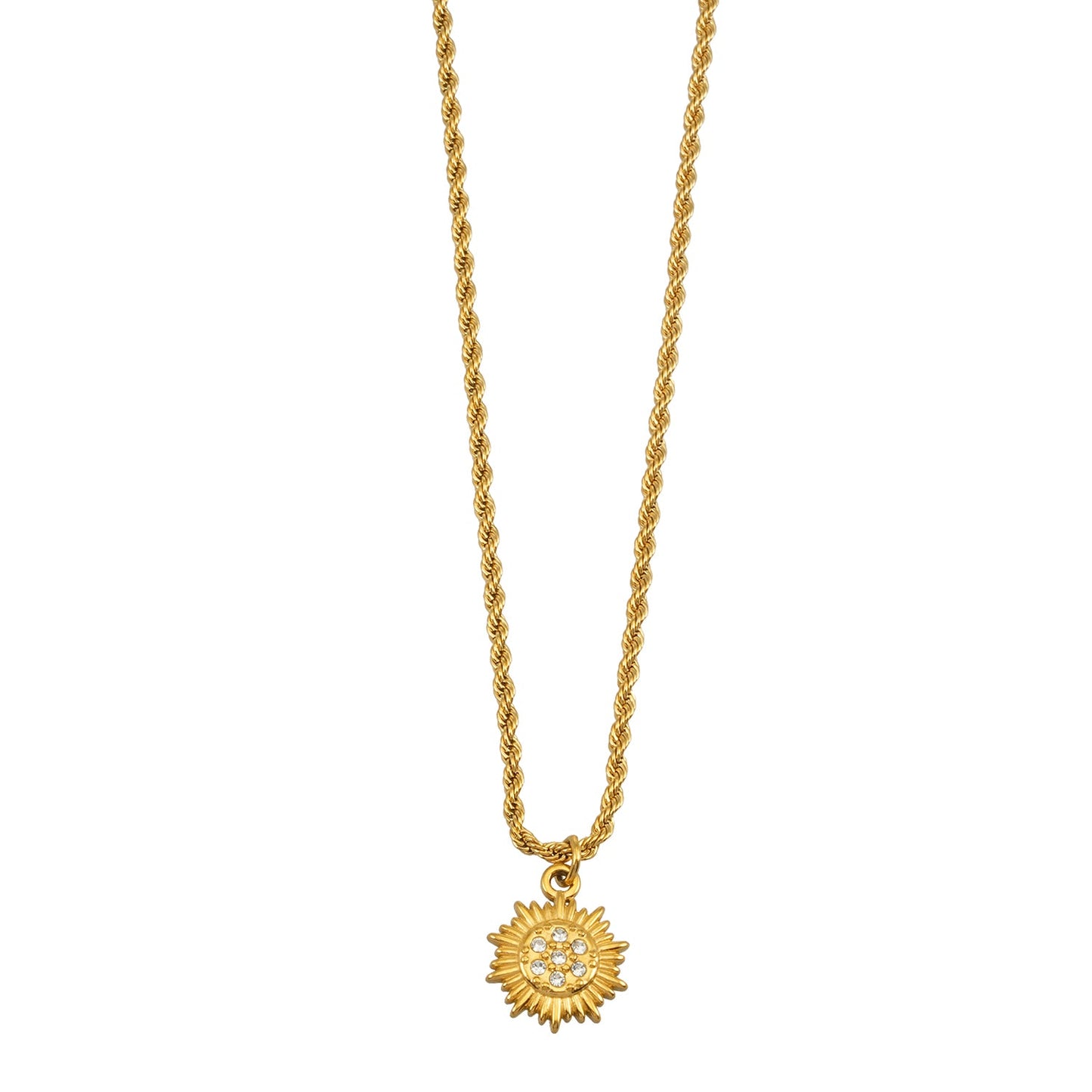 ISA Gold : Collier chaîne en corde avec pendentif soleil radiant en zircone pavé