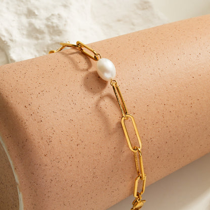 Bracelet TIMEA : Bracelet chaîne trombone en or avec une perle d'eau douce