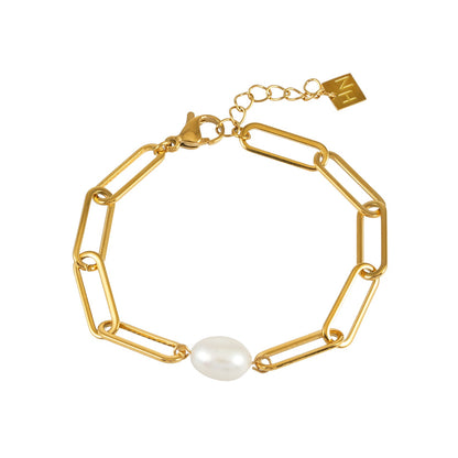 Bracelet TIMEA : Bracelet chaîne trombone en or avec une perle d'eau douce