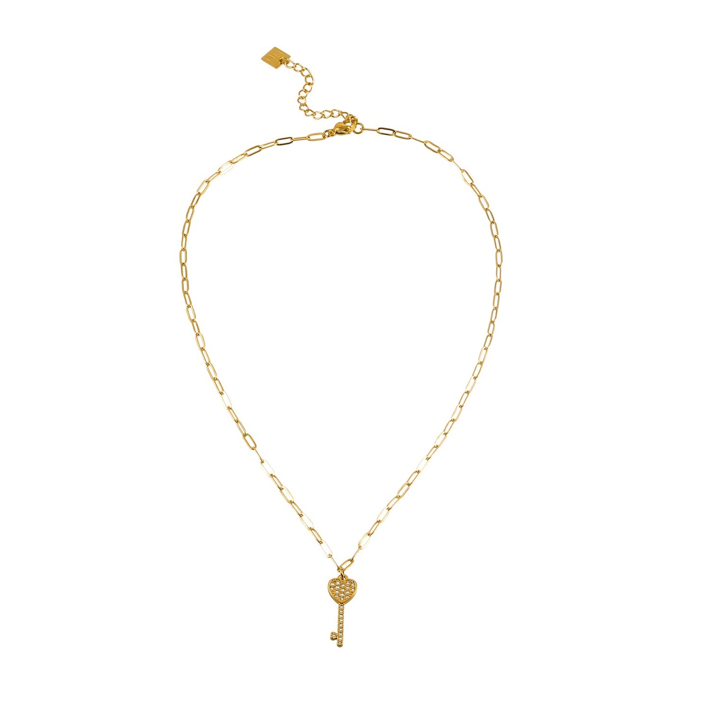 JAZRINA Gold: Collier pendentif clé et cœur pavé sur chaîne trombone