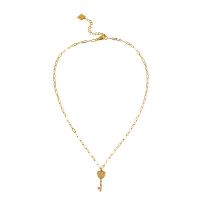 JAZRINA Gold: Collier pendentif clé et cœur pavé sur chaîne trombone