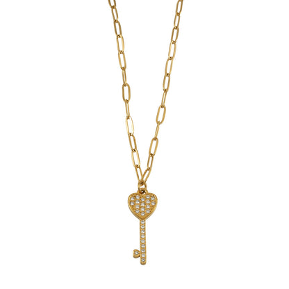 JAZRINA Gold: Collier pendentif clé et cœur pavé sur chaîne trombone