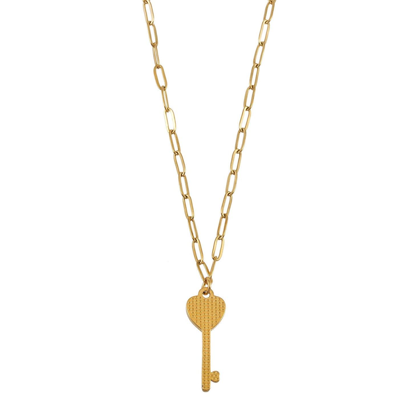 JAZRINA Gold: Collier pendentif clé et cœur pavé sur chaîne trombone
