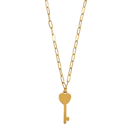 JAZRINA Gold: Collier pendentif clé et cœur pavé sur chaîne trombone