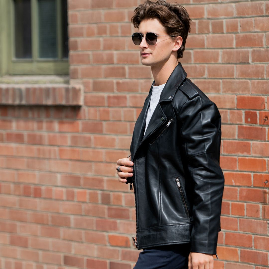Veste Homme en Cuir d'Agneau Souple Style Motard Manteau Noir Tendance Premium
