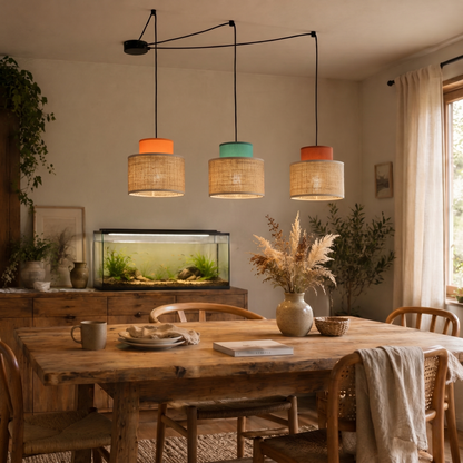 Suspension réglable 3 lumières en jute DUO pour table à manger et îlot de cuisine