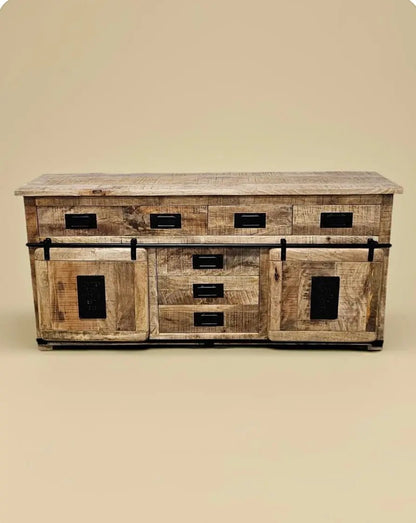 Buffet Farmhouse en bois de manguier brut avec portes coulissantes
