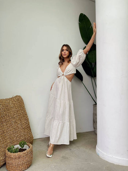 Robe midi en coton ajourée à manches ballon courtes
