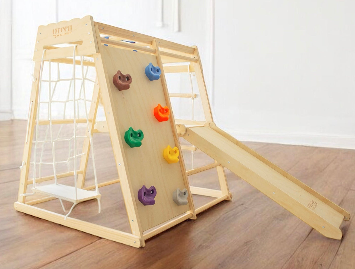 Portique d'escalade en bois 7-en-1 avec toboggan, filet d'escalade et balançoire pour enfants