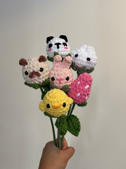 Handmade Crochet Flower Characters - Panda, Chick, Bao, Strawberry, Dog, Bunny Flowers