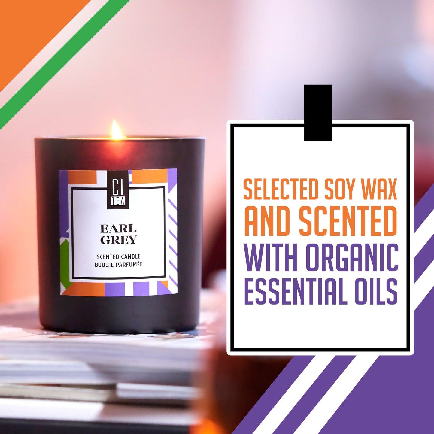 Bougie en cire de soja parfumée au thé Earl Grey - Bergamote & Rose - 8 oz
