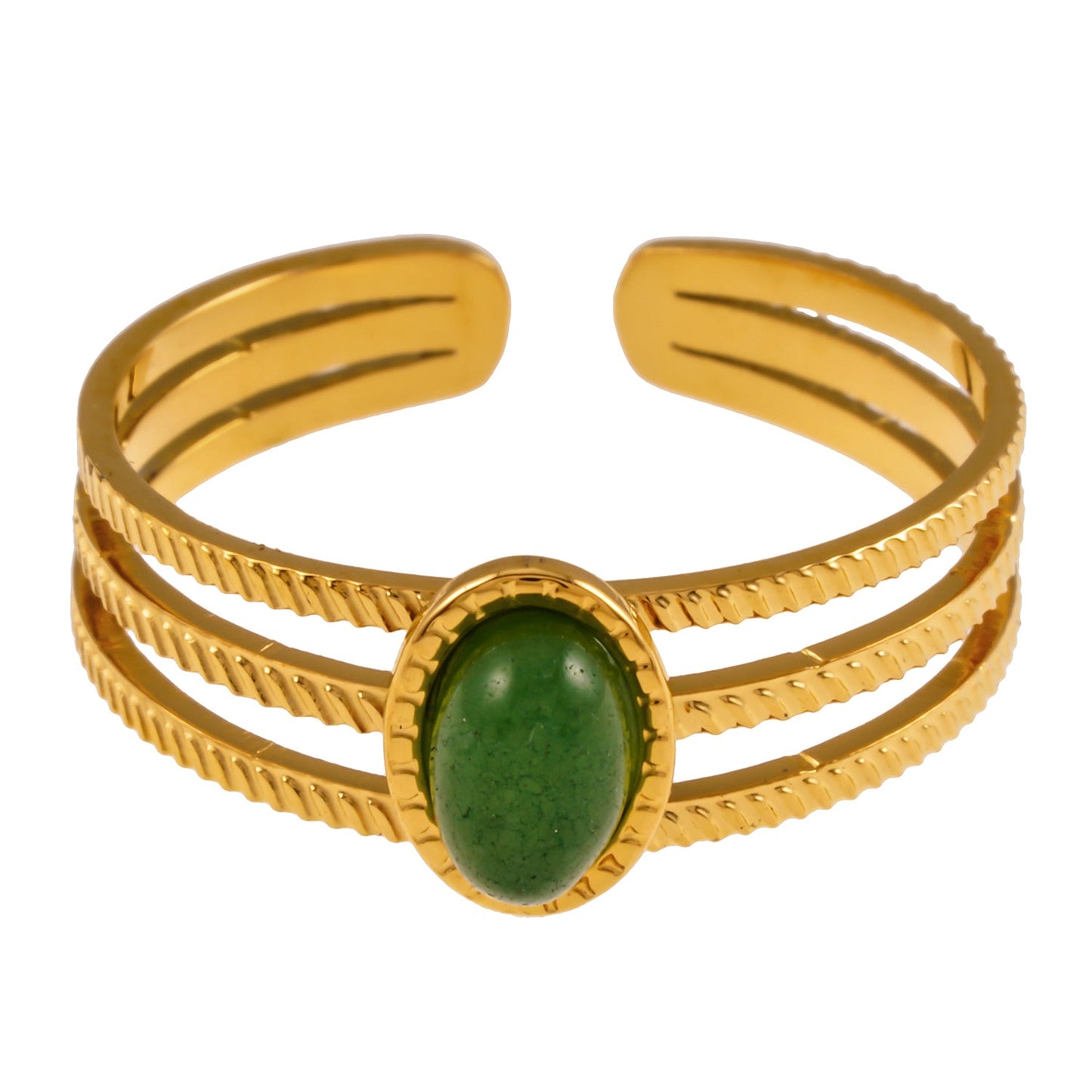 ELMARIE : Bague texturée à triple bande avec pierre centrale en aventurine verte