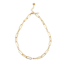 ELOPPINA Gold Necklace: Paper Clip Chain with Zirconia Accents & a Freshwater Pearl Charm