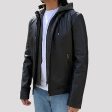 Blouson à capuche pour homme en cuir d'agneau avec capuche amovible