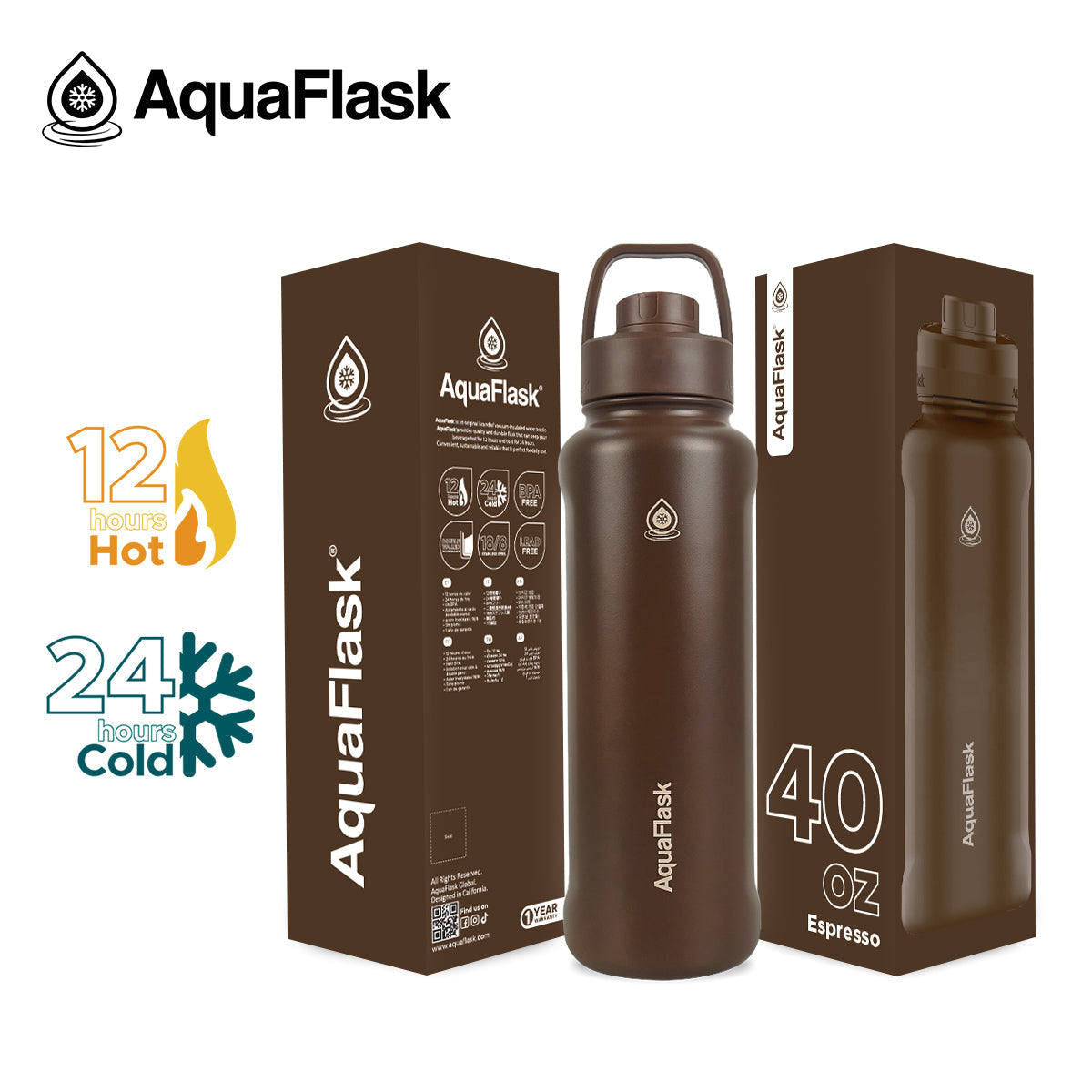 Bouteille d'eau en acier inoxydable AquaFlask 1080 ml (40 oz) avec bouchon sport – Chaud et froid, anti-fuite, sans BPA