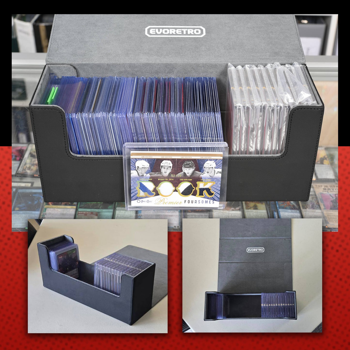 Range de cartes magnétique EVORETRO - Plus de 180 Toploaders ou plus de 500 cartes à collectionner | Noir/Gris