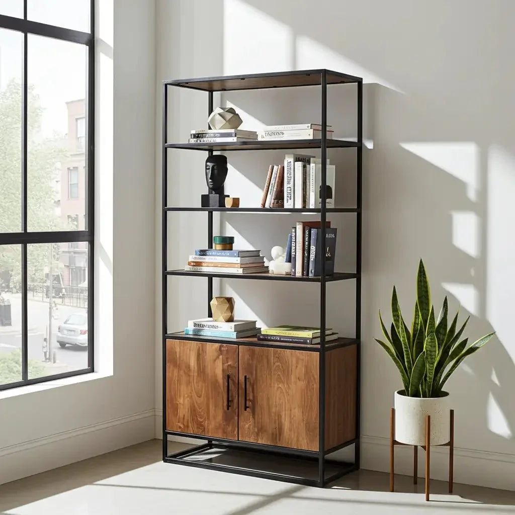 Acacia Wood Shelf with 2 Doors on Black Steel Frame