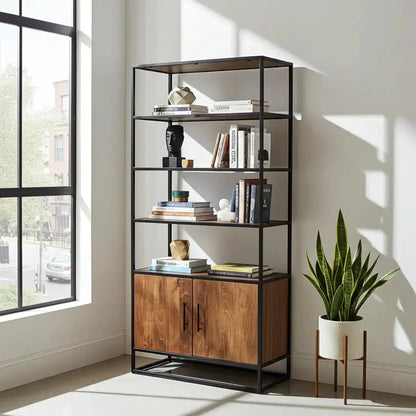 Acacia Wood Shelf with 2 Doors on Black Steel Frame