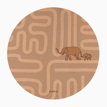 Elephant Walk Round Baby Mat | Kids Cork Yoga Mat  | Play & Stretch | 47" dia