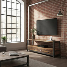 Meuble TV industriel en bois recyclé et acier avec 4 tiroirs