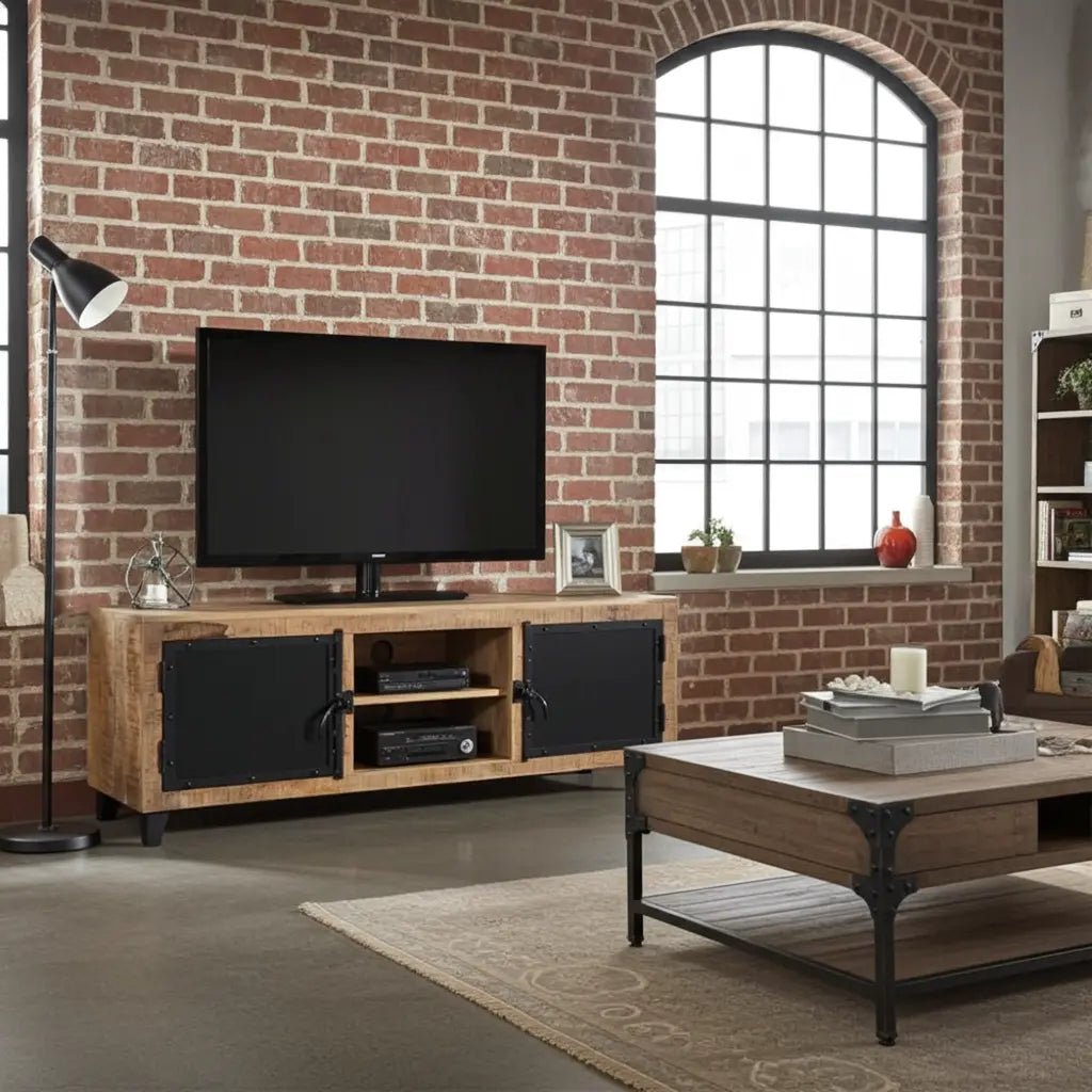 Meuble TV en bois de manguier avec porte en acier noir